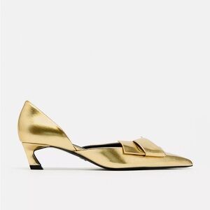 Zara Metallic Gold Pointed D'Orsay Kitten Heel Loafers